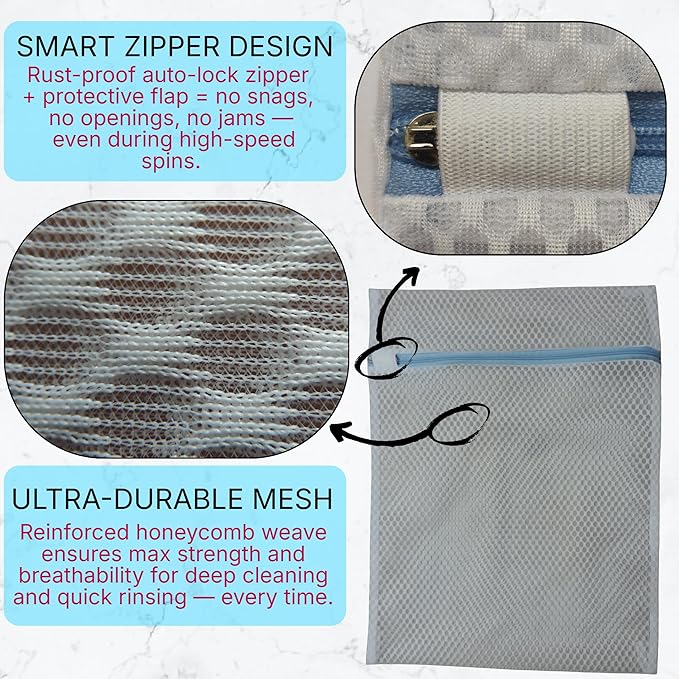 Mesh Laundry Bags for Delicates – 3-Pack (12″×16″) with Color-Coded Zippers – Honeycomb Mesh, Locking Zipper, Washer & Dryer Safe for Bras, Socks, Travel Clothes