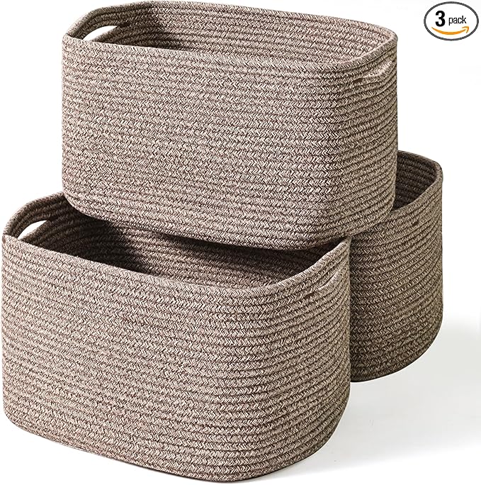 Storage Baskets for Organizing Shelves, Woven Cotton Rope Bins for Baby Nursery Organization, Book Toy Towel Organizer, 15"x11"x9.5", 3 Packs, Dark Brown