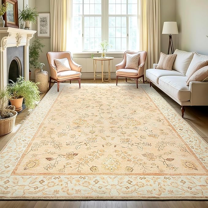 LOCHAS Washable Area Rugs 6x9, Peach Floral Rug for Living Room Bedroom Non Slip, Ultra Soft Vintage Indoor Carpet for Kids, Nursery, Dorm, Dining Room, Classroom, Boho Flower Home Decor, Low-Pile
