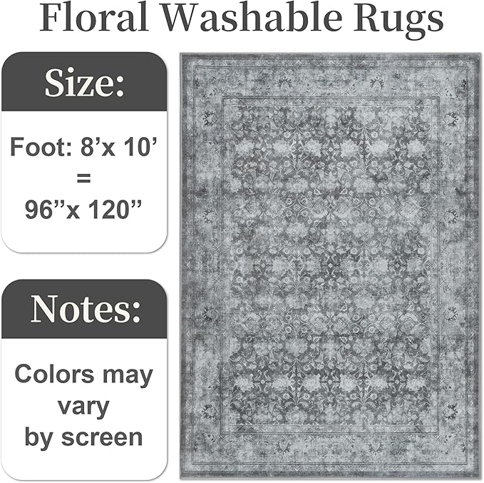 Large 8x10 Washable Area Rug for Living Room, Non Slip Vintage Traditional Rugs for Bedroom, Indoor Thin Accent Floral Nursery Carpet for Dining Room, Farmhouse (Distressed Grey)