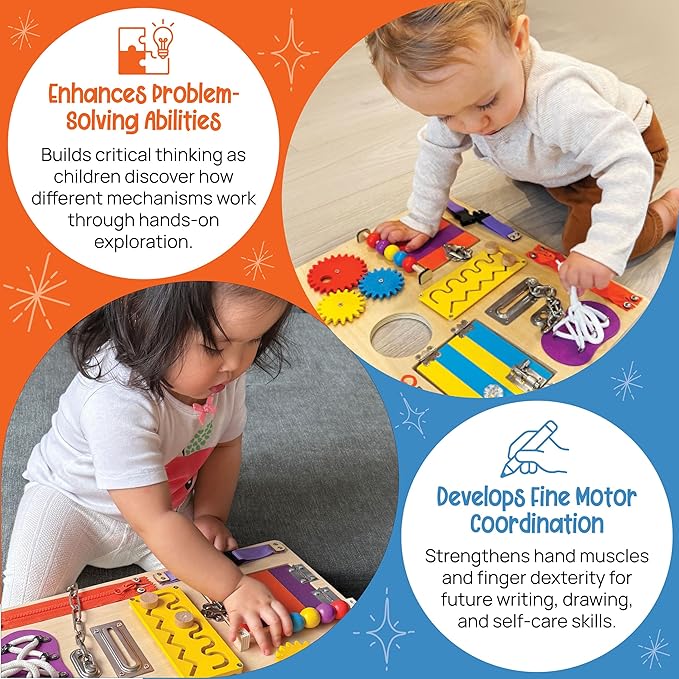 Montessori Busy Board for Toddlers - Safe, Durable Sensory Activity Board with Locks, Shoelaces & More - Perfect Educational Toy Built for Growth & Travel - 36 Months & Up - Color Edition
