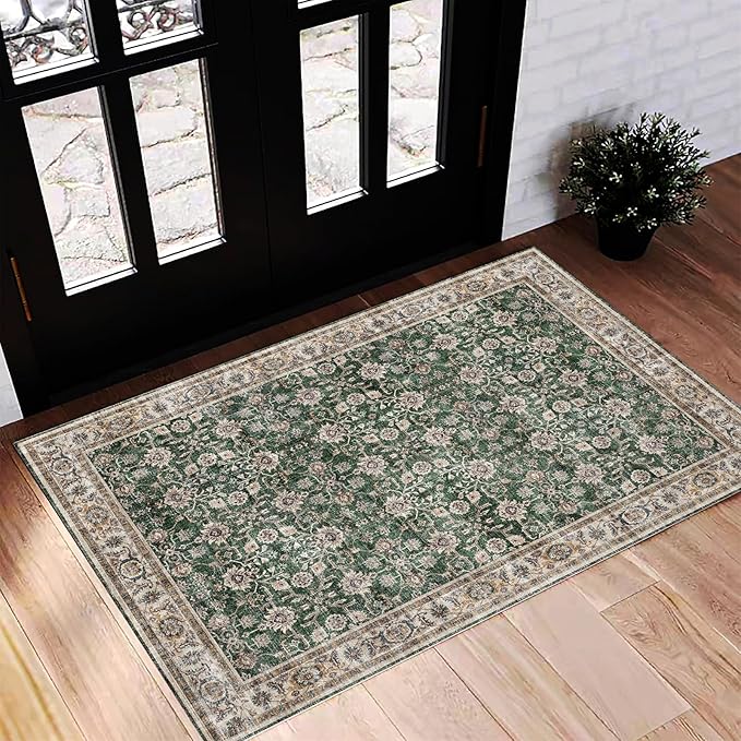 Washable Area Rug 2'x3' Door Mat Vintage Distressed Doormat Indoor Entrance Traditional Thin Rug Floral Print Non Slip Carpet for Kitchen Bathroom Bedroom Living Room