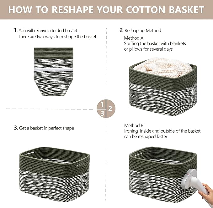 UBBCARE 4 Pack Baskets for Organizing, Woven Storage Baskets for Toys and Towel, Rectangle Cotton Rope Basket with Handles, 15''L x10''W x9''H, Mixed Green