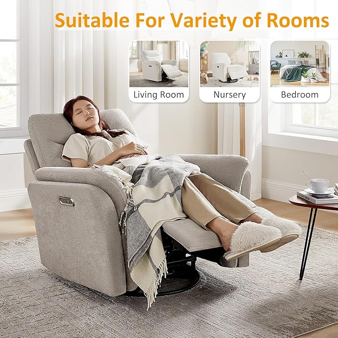 Power Recliner Chair Swivel Glider, Electric Rocking Recliner Chairs with USB and Type-C Ports, Nursery Chair Recliner for Living Room, Bedroom, Apartment（Camel）
