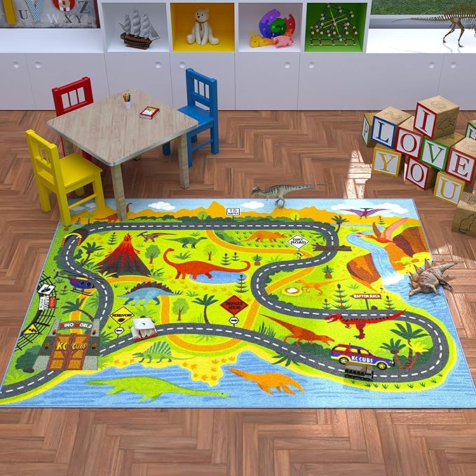 KC Cubs 3x5 Dinosaur Toy Car Dino Road Rug – Educational Play Mat Carpet for Kids, Toddlers, Nursery, Classroom, Playroom, Baby Daycare, Boys & Girls