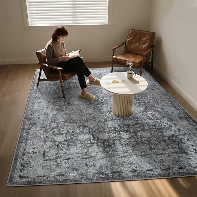 Large 8x10 Washable Area Rug for Living Room, Non Slip Vintage Traditional Rugs for Bedroom, Indoor Thin Accent Floral Nursery Carpet for Dining Room, Farmhouse (Distressed Grey)
