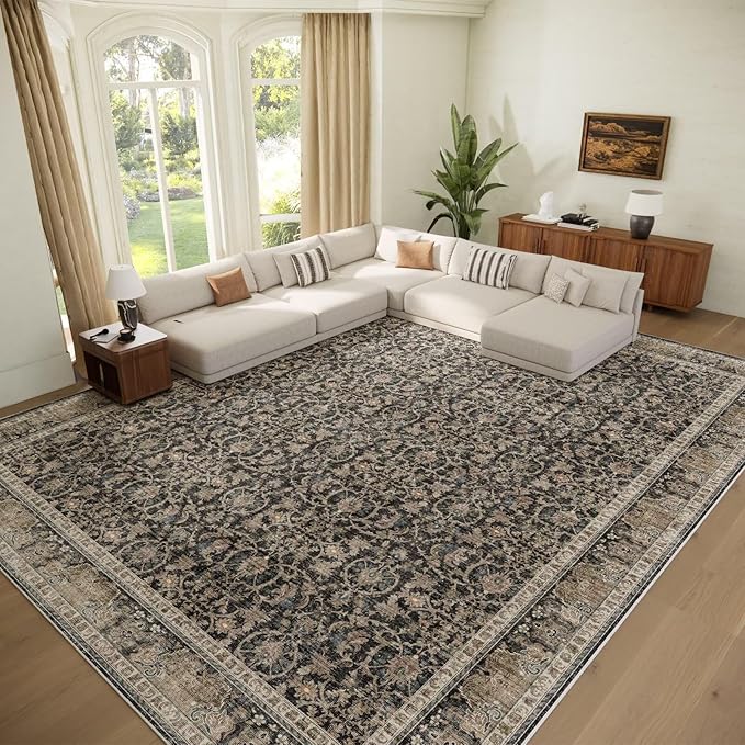 Washable 9x12 Area Rugs for Living Room, Boho Non-Slip Silicone Backing Rugs for Bedroom Dining Room Nursery Office, 0.3" Neutral Oriental Throw Carpet with 0.16" Cushioning Pad, Black/Multi