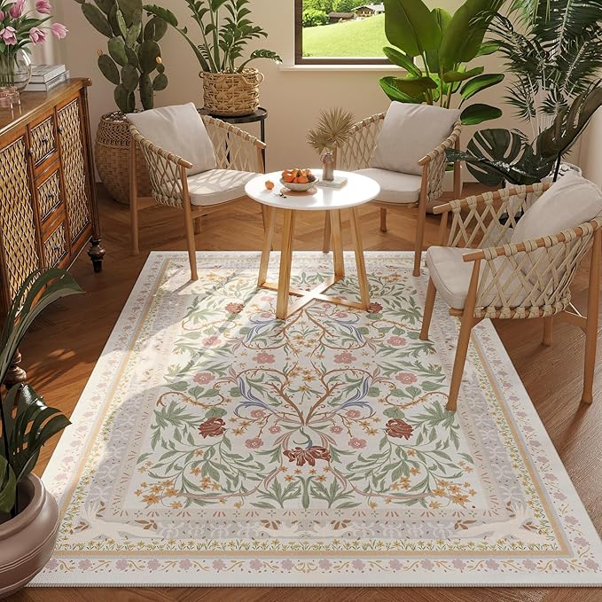 Area Rug 4x6 Rug Washable Vintage Floral Botanical Rugs Non Slip Low Pile Small Carpet for Bedroom, Bedside, Kids Room, Office, Dining Room, Beige