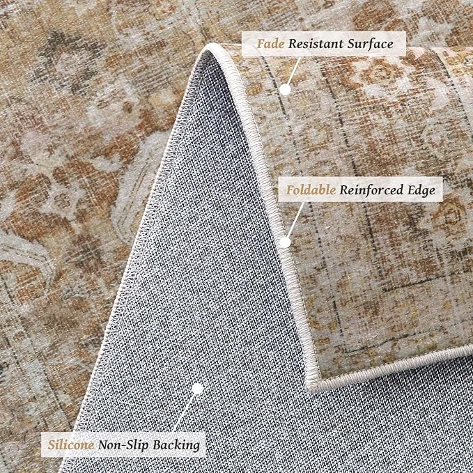 Washable 3x5 Entryway Rug Indoor, Boho Non-Slip Silicone Backing Small Rugs for Kitchen Nursery Office Bedroom, 0.3" Neutral Oriental Throw Carpet with 0.16" Cushioning Pad, Brown/Multi