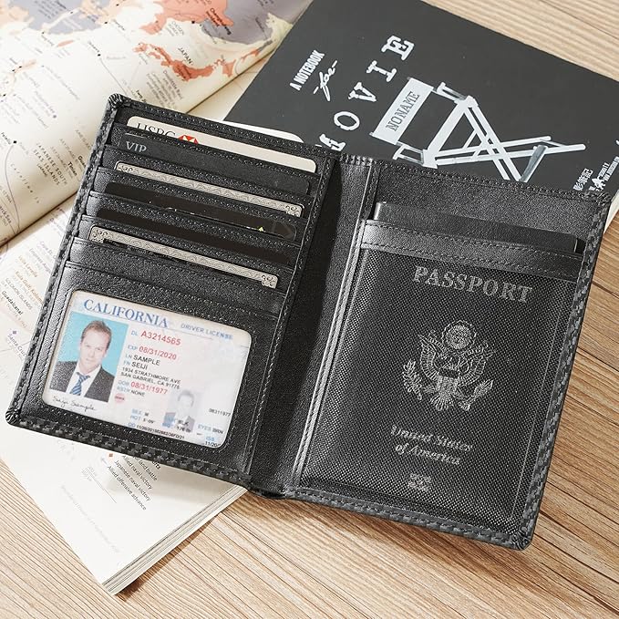 Polare Luxury RFID Blocking Leather Passport Holder Travel Wallet For Men and Women (Carbon Black)