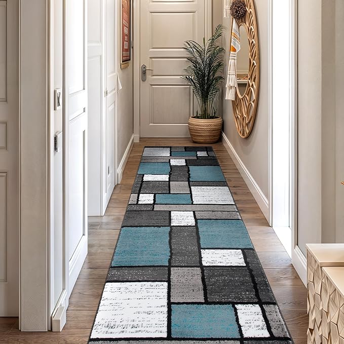 Rugshop Contemporary Modern Boxes for Home Office,Living Room,Bedroom,Kitchen Non Shedding Runner Rug 2'7" x 10' Blue