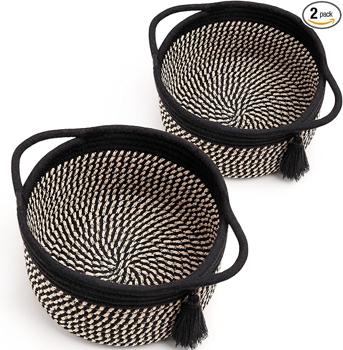 Empty Gift Basket - SweetMemo Mini Woven Rope Organizer Baskets for Baby Shower, Vanity, Makeup Brushes, Bathroom, Shelves, Desk - Small Decorative Storage Bins - Set of 2, Pre-Shaped, Black Brown