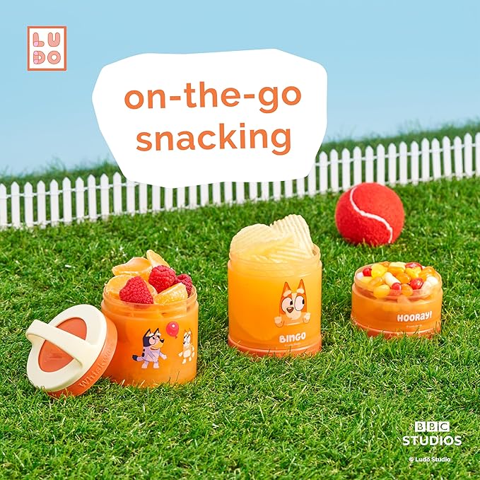 Whiskware Bluey Stackable Snack Containers for Kids and Toddlers, 3 Stackable Snack Cups for School and Travel, Bluey and Bingo, Hooray!
