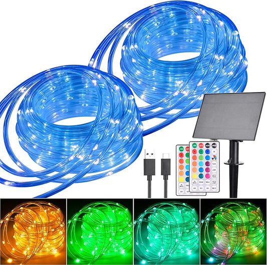 99FT Solar Rope Lights Outdoor Waterproof, 300 LED String Light USB & Solar Powered with Remote Control, 18 Colors Changing Fairy Tube Lighting for Outside Indoor Patio Pool Christmas Decor