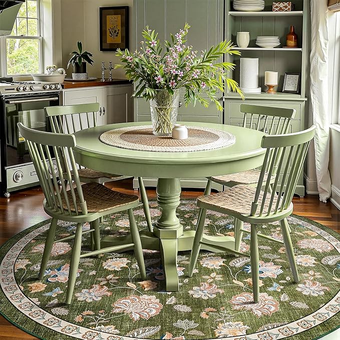 jinchan 7ft Floral Round Rug for Dining Room Washable Living Room Rug Vintage Romance Design Non Slip Indoor Floor Cover Lightweight Low-Profile Throw Carpet for Bedroom Porch Patio, Green