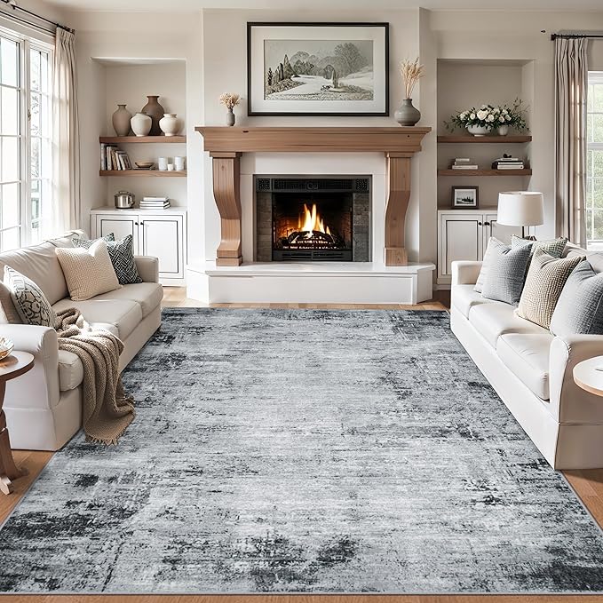 Area Rugs Living Room Rug - 5x7 Washable Modern Abstract Soft Neutral Non-Slip Carpet Large Indoor Floor Thin Carpets for Bedroom Dining Room Farmhouse Nursery Home Office Black