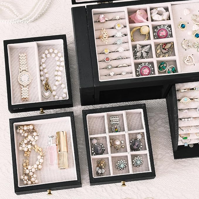 Jewelry Box Organizer, Solid Wood Jewelry Boxes for Women, Double Layer Jewelry Organizer Box Display Earring Necklace Bracelet Ring, Rustic Style Small Jewelry Box for Girls (Black)