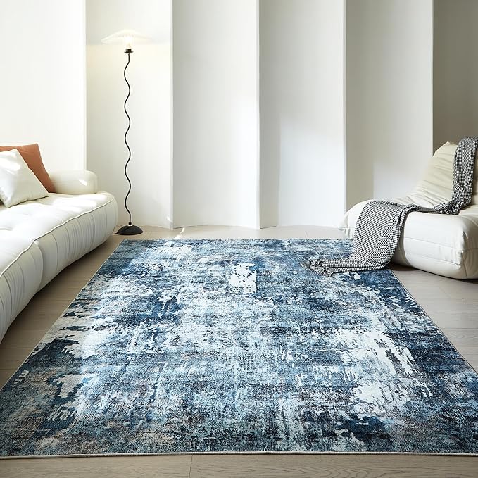 6x9 Rug Washable Bedroom Rug Large Boho Rug Soft Area Rug Abstract Pattern Non-Slip Non-Shedding Faux Wool Vintage Rug for Living Room, Farmhouse, Dining Room, Kids Playroom, Blue