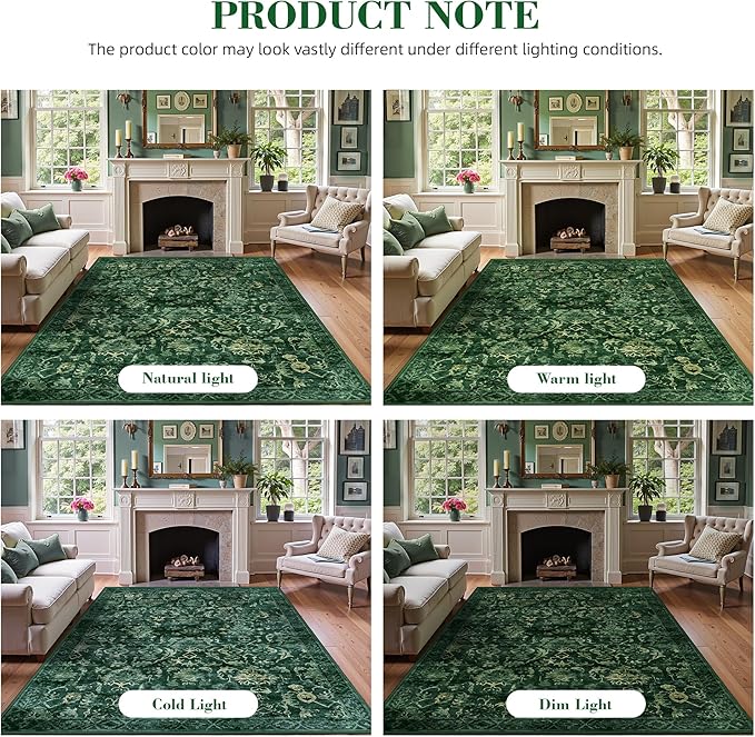 Deerly Dark Green Area Rugs 9x12 for Living Room Soft Non-Slip, Large Bedroom Rug Vintage Dining Room Rug Tribal Farmhouse Carpet for Dining Room Office Green
