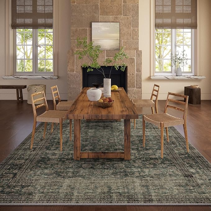 Washable Living Room Area Rug: 9x12 Rugs for Bedroom Vintage Stain Resistant Non Slip Low Pile Large Boho Carpet for Kitchen Dining Room Farmhouse Kids Room Nursery