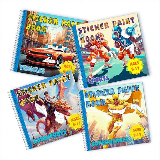 BulbaCraft 4Pcs Sticker Paint Books for Boys - Sticker Books by Number with Superheroes, Sports, Vehicles and Adventures - Coloring Activity for Kids