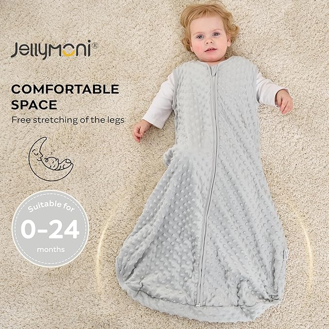 JELLYMONI Fleece Baby Sleep Sack 12-18 Months, 1.5 Tog Warm Winter Baby Wearable Blanket with Plush Dots and 2-Way Zipper, Cotton Toddler Sleep Sack