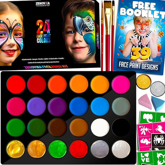 Face Painting Kit for Kids - Non-Toxic and Hypoallergenic Face Paint Kit with 24 Colors, Stencils, Book, and Professional Halloween Makeup Kit - Safe and Easy to Use Face Paint Kit for Kids