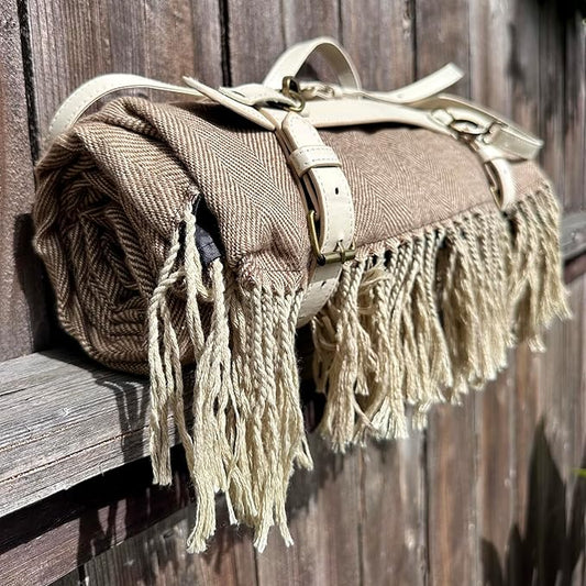Picnic Blanket Extra Large Waterproof with Strap 59"x79" - Machine Washable Tassels Faux Wool Cashmere for Park, Grass, Camping, Hiking, Concerts (Deep Tan with white shoulder strap, 59"X79")