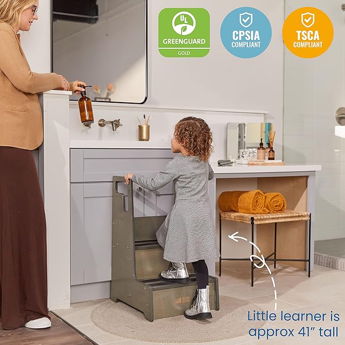 ECR4Kids Reach-Up Step Stool with Handles, Kids Furniture, Grey Wash
