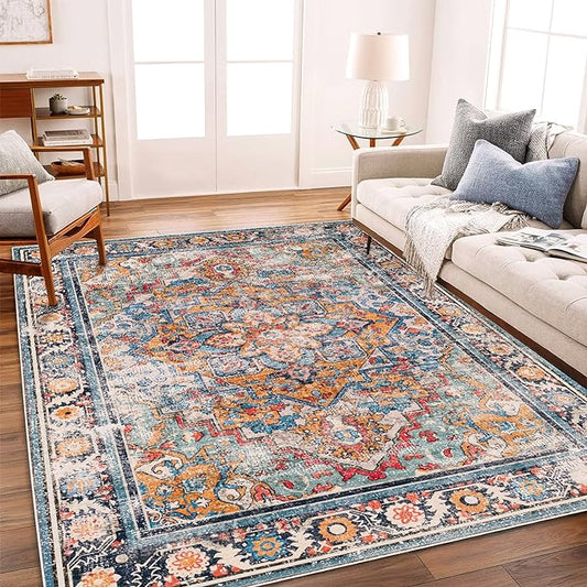 Washable Area Rug 8'x10' Boho Chic Medallion Distressed Design Non-Shedding Easy Care Ideal for High Traffic Areas in Living Room Bedroom Office Coffee Table Large Carpet