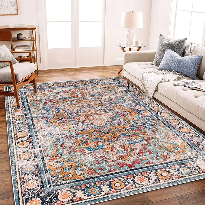Washable Area Rug 9'x12' Boho Chic Medallion Distressed Design Non-Shedding Easy Care Ideal for High Traffic Areas in Living Room Bedroom Office Coffee Table Large Carpet