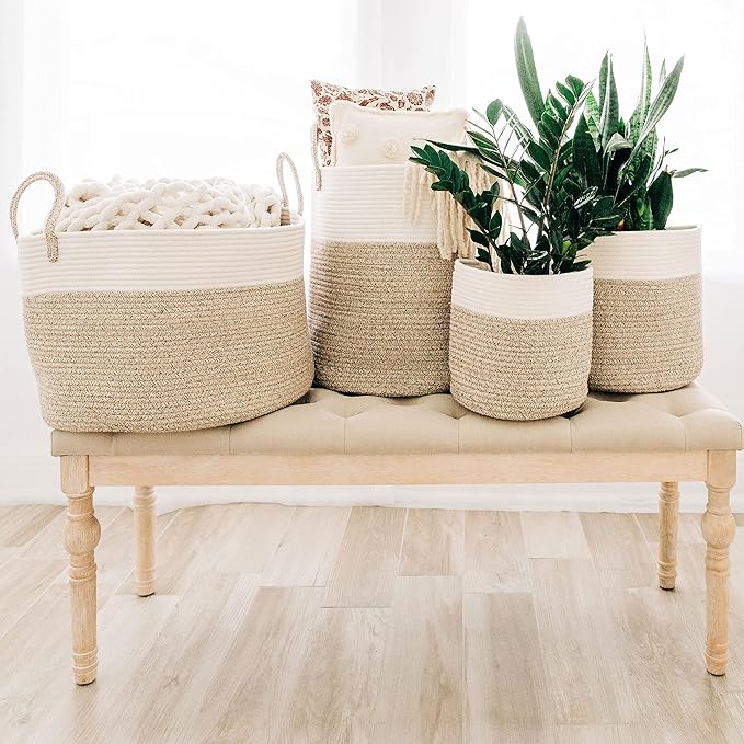 OrganiHaus Woven Laundry Basket, Large Cotton Rope Blanket Holder with Handles, Soft & Sturdy Nursery Hamper, Decorative Toy Bin for Living Room Organization 20x13 inches - Brown/Off-White