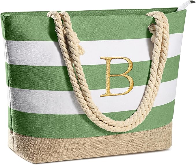 YOOLIFE Initial Canvas Waterproof Beach Tote Bag Zipper Personalized Gifts for Women Her Birthday Travel Beach Essential