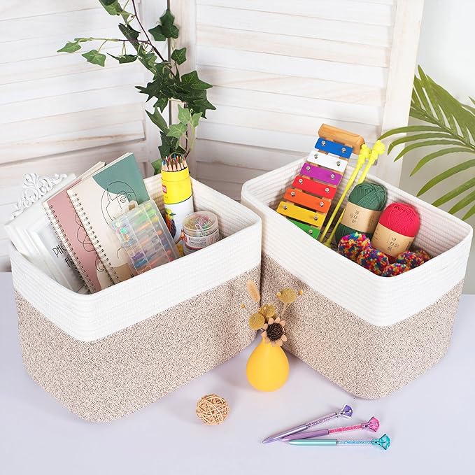 MINTWOOD Design 3-Pack Storage Baskets for Shelves, Playroom and Classroom Basket, Book Decorative Cube Bins, Woven Closet Organizers, Baby Nursery Baskets, Light Brown