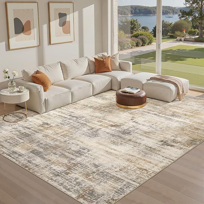 Area Rug for Living Room: 9x12 Washable Neutral Abstract Modern Soft Rugs Non Slip Indoor Floor Stain Resistant Large Carpet for Bedroom Dining Room Office Nursery - Golden Brown