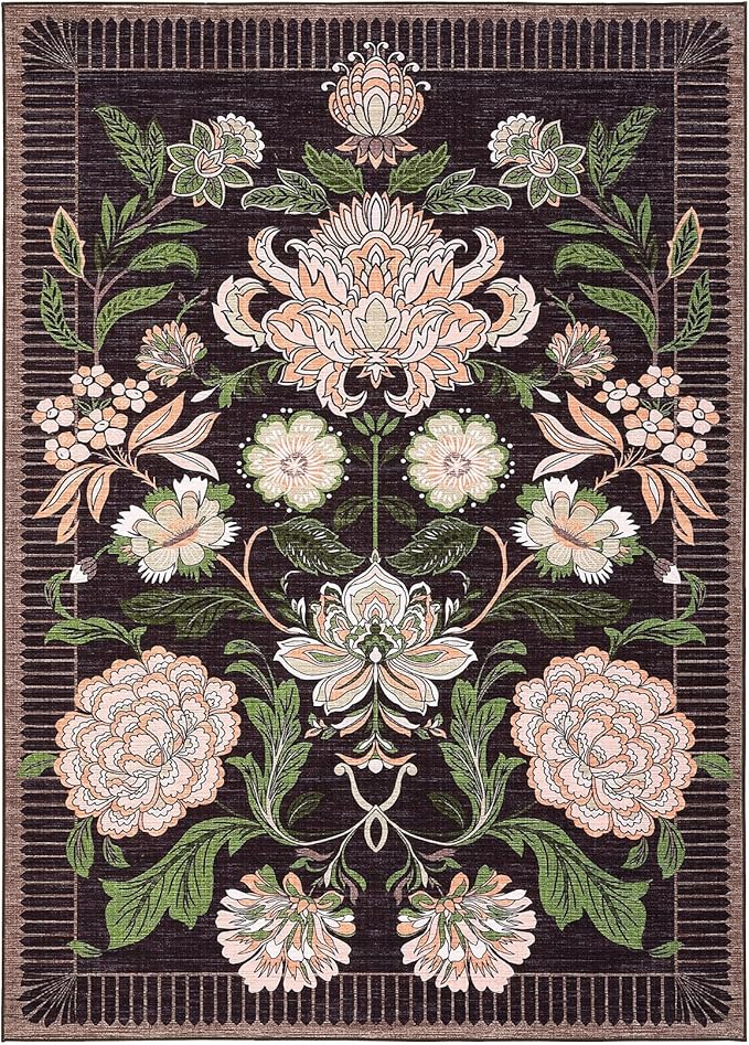 GarveeHome Plum Pink Floral Botanical Washable 9x12 Area Rug for Living Room Soft Black Purple Vintage Boho Cottage Large Rugs Low Pile Carpet for Bedroom Dining Nursery Rug