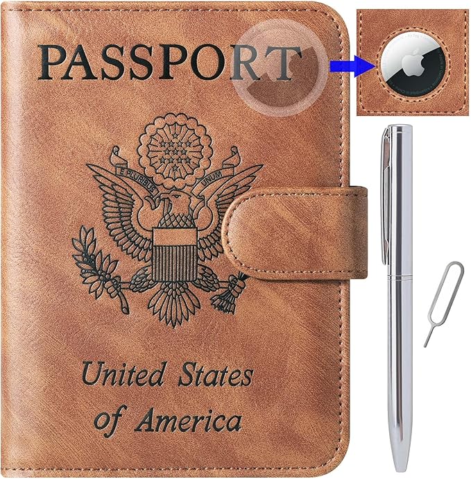 Airtag Passport Holder Cover Wallet Travel Essentials Leather Rfid Blocking Case Vacation Luggage Must Haves Travel Accessories for Men Women (117#Brown)