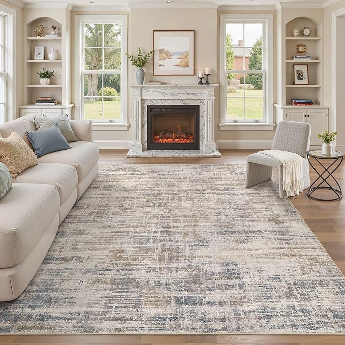 Area Rug for Living Room: 7x9 Washable Neutral Abstract Modern Soft Rugs Non Slip Indoor Floor Stain Resistant Large Carpet for Bedroom Dining Room Office Nursery - Brown