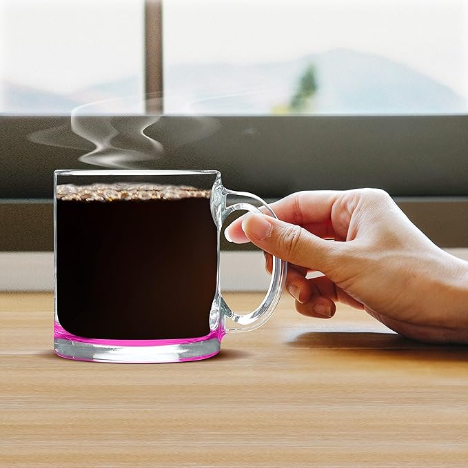 Libbey Clear Glass Coffee Mugs 13 oz. Set of 10, Bulk Pack - Perfect for Coffee, Tea, Espresso, Hot Cocoa, Other Beverages - Pink Bottom