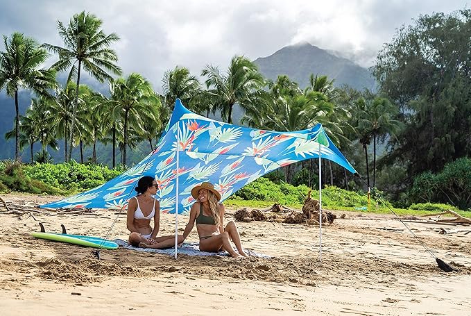 Neso Tents Beach Tent with Sand Anchor, Portable Canopy Sunshade - 7' x 7' - Patented Reinforced Corners (Tropical Floral)