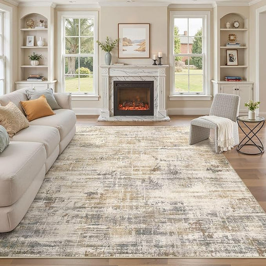 Area Rug for Living Room: 8x10 Washable Neutral Abstract Modern Soft Rugs Non Slip Indoor Floor Stain Resistant Large Carpet for Bedroom Dining Room Office Nursery - Golden Brown