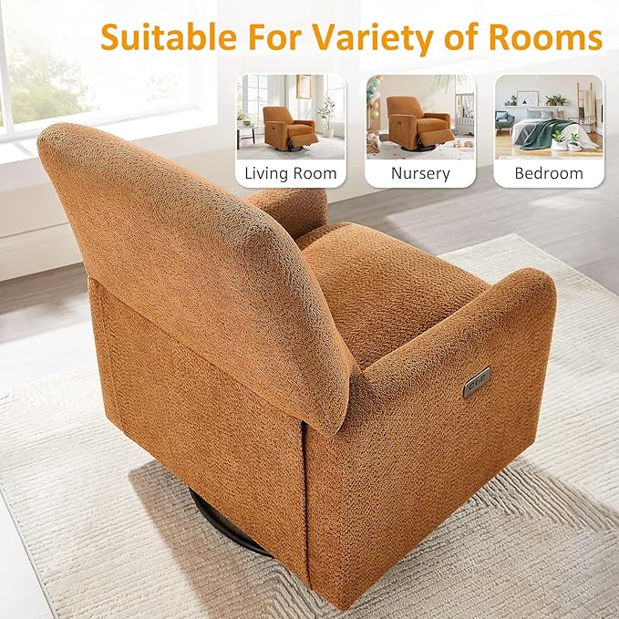 Power Swivel Glider Recliner Chair, Electric Nursery Rocker Recliner Chair, USB & Type-C Charger, Boucle Curry