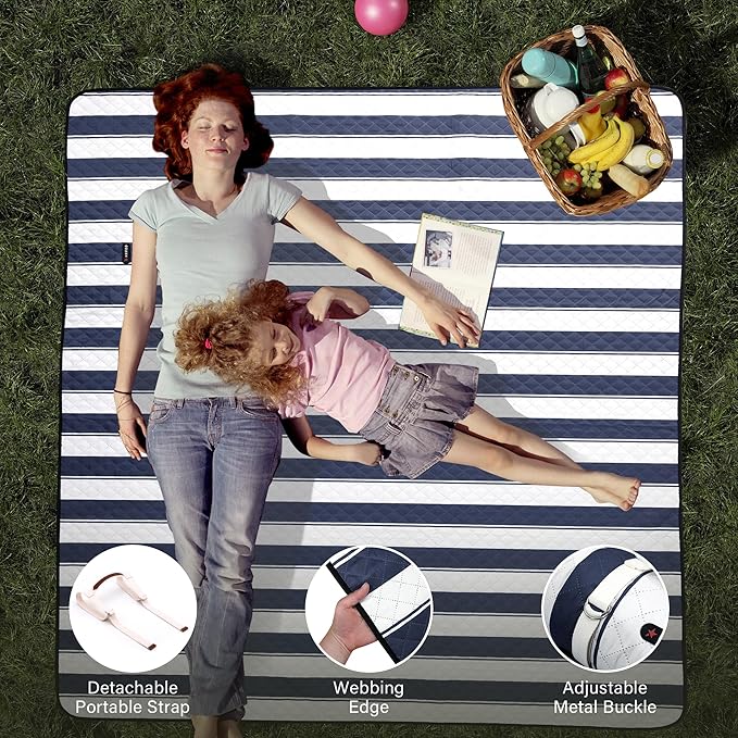HX&OD Outdoor Picnic Blanket Extra Large, 80”x80” Waterproof Picnic Mat Foldable Camping Blanket Portable with Carry Strap for Beach Mat (Bule)
