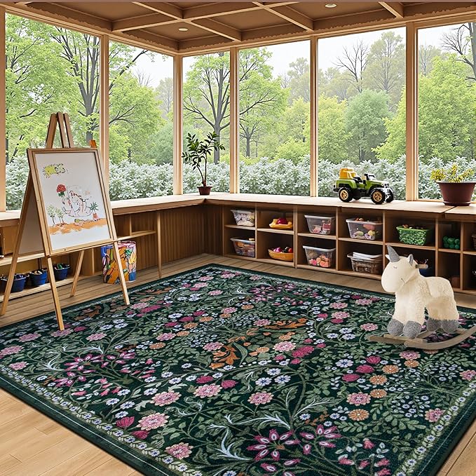 Area Rug Living Room Rugs: Floral 5x7 Washable Rug Vintage Soft Boho Non-Slip Carpet Indoor Floor Stain Resistant Large Carpets for Bedroom Dining Room Farmhouse Nursery Hallway Home Office Dark Green