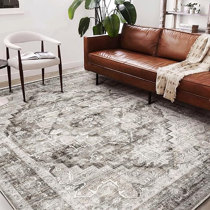Washable Area Rug 9'x12' Deep Khaki Retro Flowers Boho Design Non-Shedding Easy Care Ideal for High Traffic Areas in Living Room Bedroom Office Coffee Table Kitchen Large Carpet