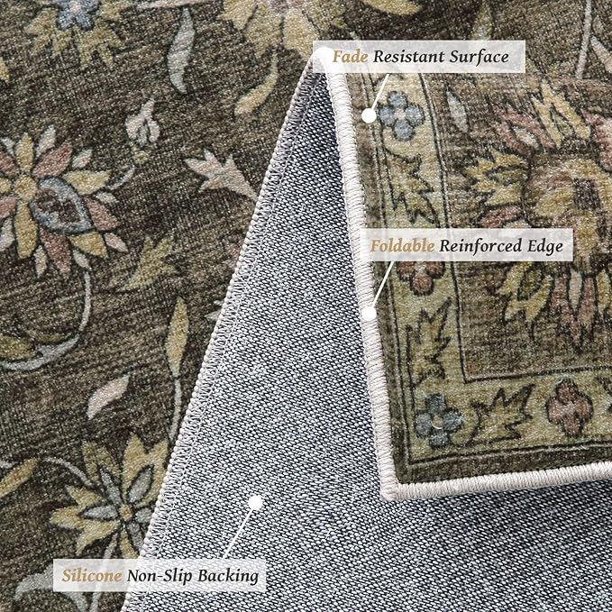 Washable 3x5 Entryway Rug Indoor, Boho Non-Slip Silicone Backing Small Rugs for Kitchen Nursery Office Bedroom, 0.3" Neutral Oriental Throw Carpet with 0.16" Cushioning Pad, Flaxen/Multi