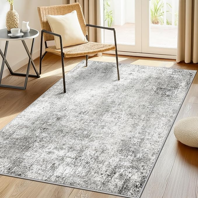 Washable Area Rugs 4'x6' Non-Slip Modern Abstract Soft for Living Room Entryway Bedroom Nursery, Print Pattern, Gray White Grey