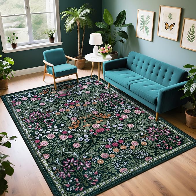6x9 Area Rugs for Living Room: Floral Washable Rug Vintage Large Soft Boho Non-Slip Carpet Indoor Stain Resistant Thin Carpets for Bedroom Dining Room Farmhouse Nursery Hallway Home Office Dark Green