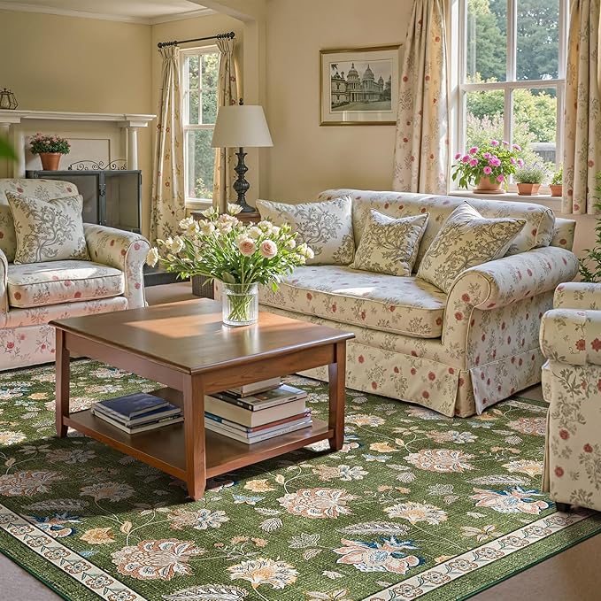 jinchan 8x10 Floral Rug for Living Room Washable Bedroom Rug Vintage Romance Design Non Slip Thin Indoor Floor Cover Large Low-Profile Throw Carpet for Dining Room Office, Green