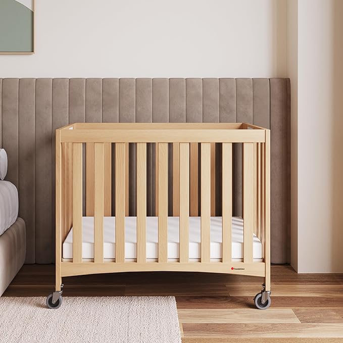 Foundations Compact Travel Sleeper Folding Hotel Crib and Sheet Bundle - Includes Wooden Mini Crib with 2" Foam Mattress (Natural) and 6-Pack White Fitted Compact Sheets